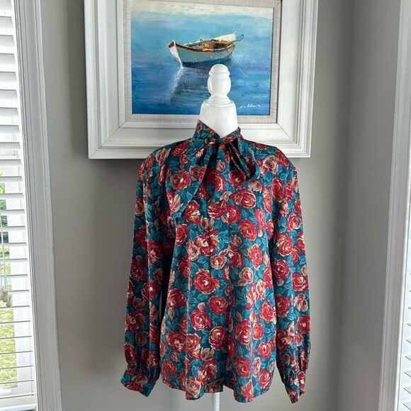 Vintage Pendleton Country Sophisticates Satin Blue Floral Longsleeve Blouse 12 - Picture 2 of 12